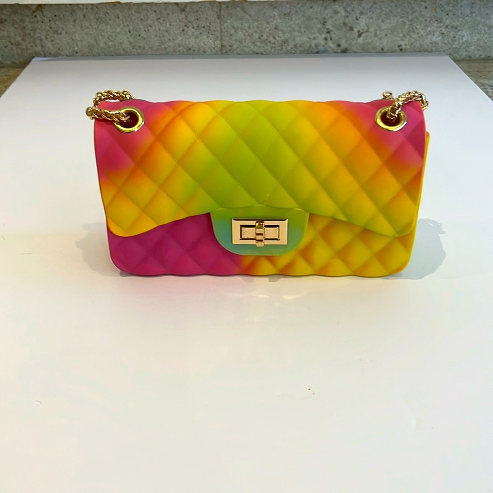 Rainbow Jelly Pink, Yellow, Green and Blue Bag with Gold Chain Link Strap